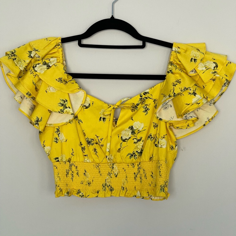 New Alice + Olivia Shanae Floral Ruffle Crop Top Womens Yellow - Picture 3 of 11